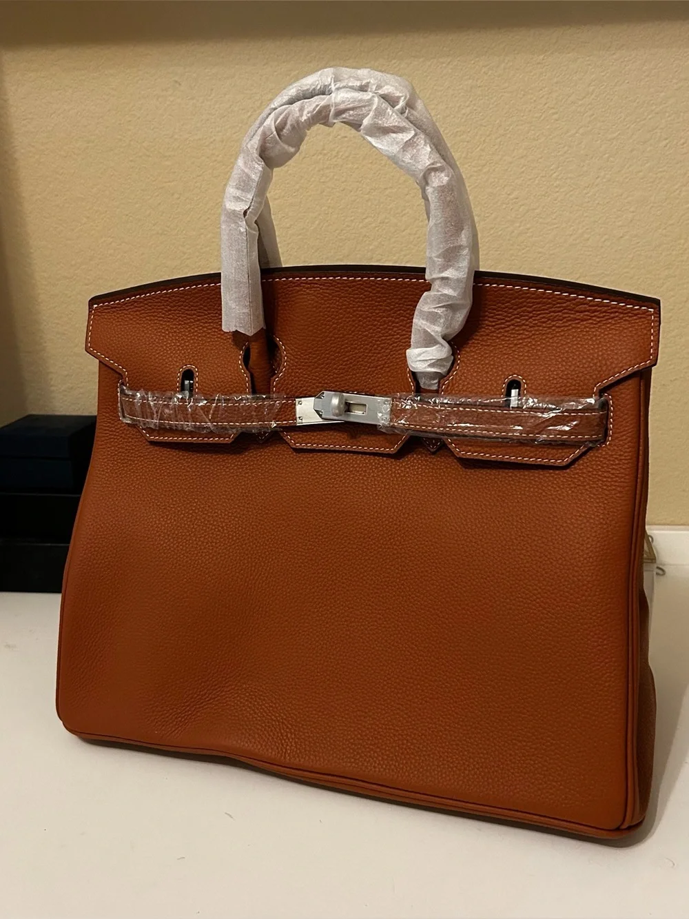 35cm Silver on Gold Top handle Leather Satchel BK Style